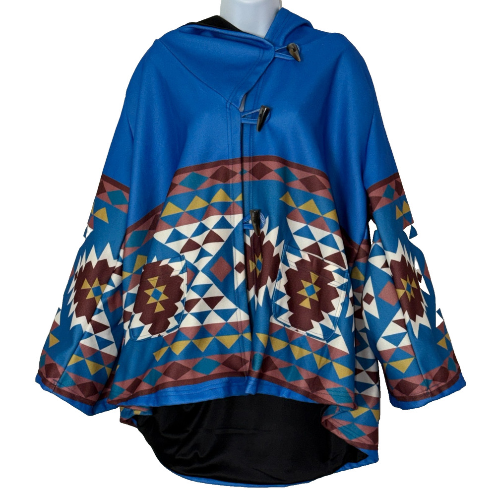 Blanket Coat Womens Size 4X Blue Southwestern Aztec Toggle Buttons & Hood EUC